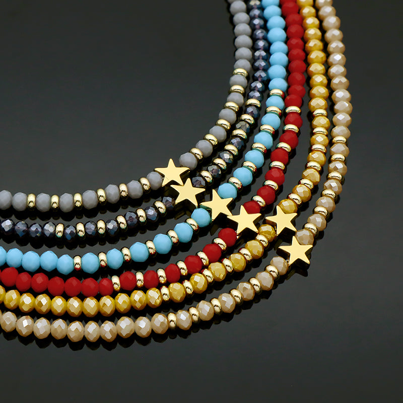 Wholesale Handmade Customized Gold Plated Stars Charm Blue Grey Red Glass Crystal Beads Necklace For Women