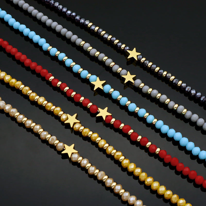Wholesale Handmade Customized Gold Plated Stars Charm Blue Grey Red Glass Crystal Beads Necklace For Women