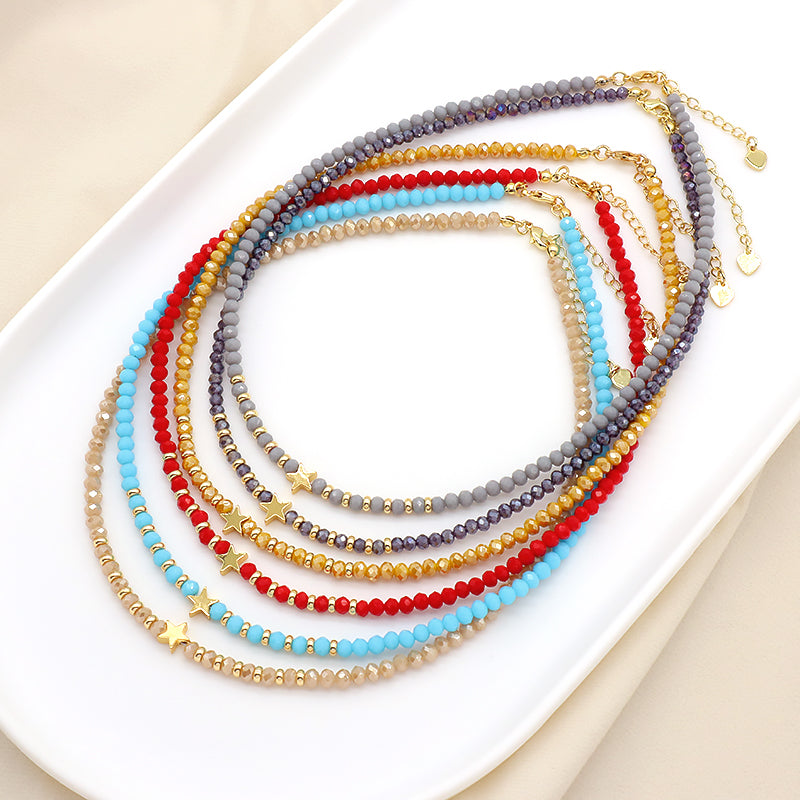 Wholesale Handmade Customized Gold Plated Stars Charm Blue Grey Red Glass Crystal Beads Necklace For Women