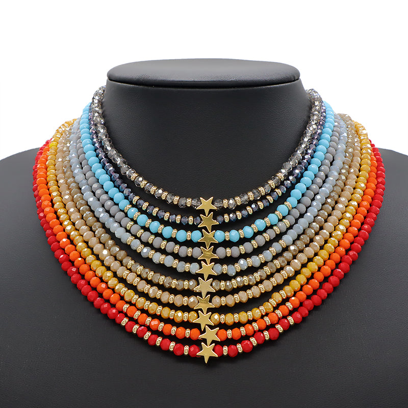 Wholesale Handmade Customized Gold Plated Stars Charm Blue Grey Red Glass Crystal Beads Necklace For Women