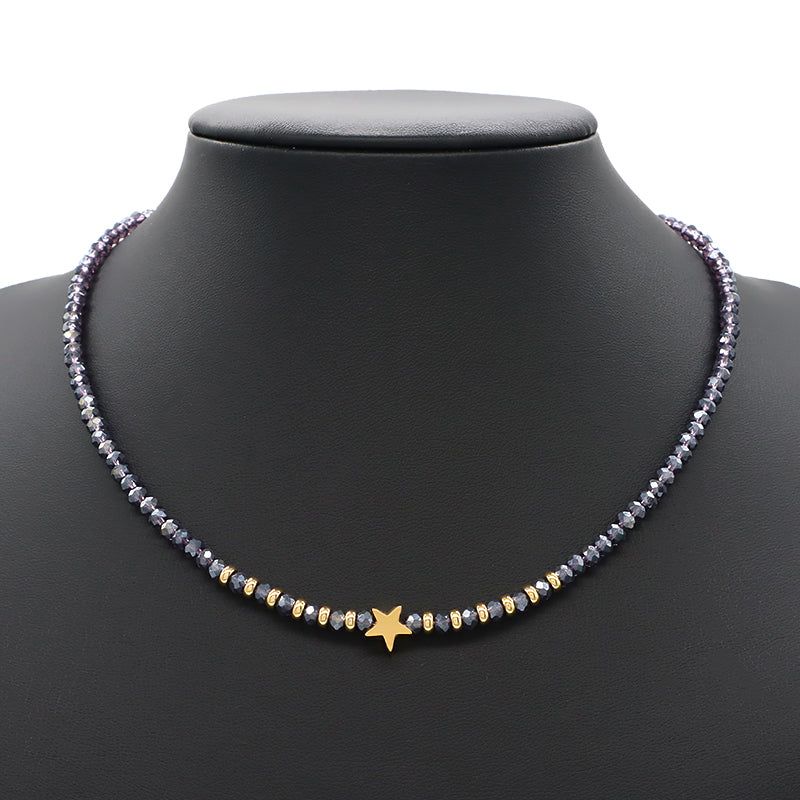 Wholesale Handmade Customized Gold Plated Stars Charm Blue Grey Red Glass Crystal Beads Necklace For Women