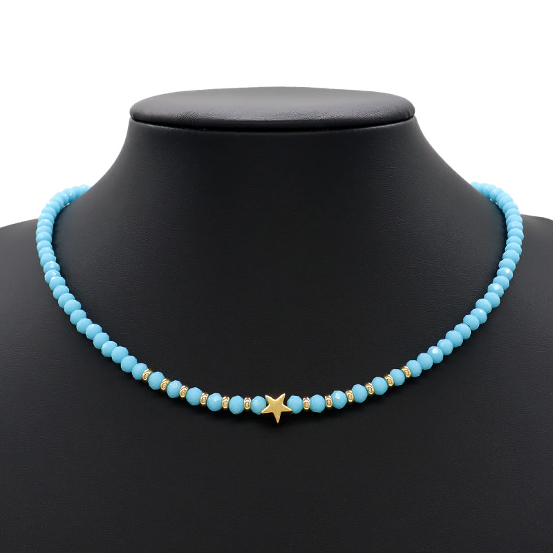 Wholesale Handmade Customized Gold Plated Stars Charm Blue Grey Red Glass Crystal Beads Necklace For Women