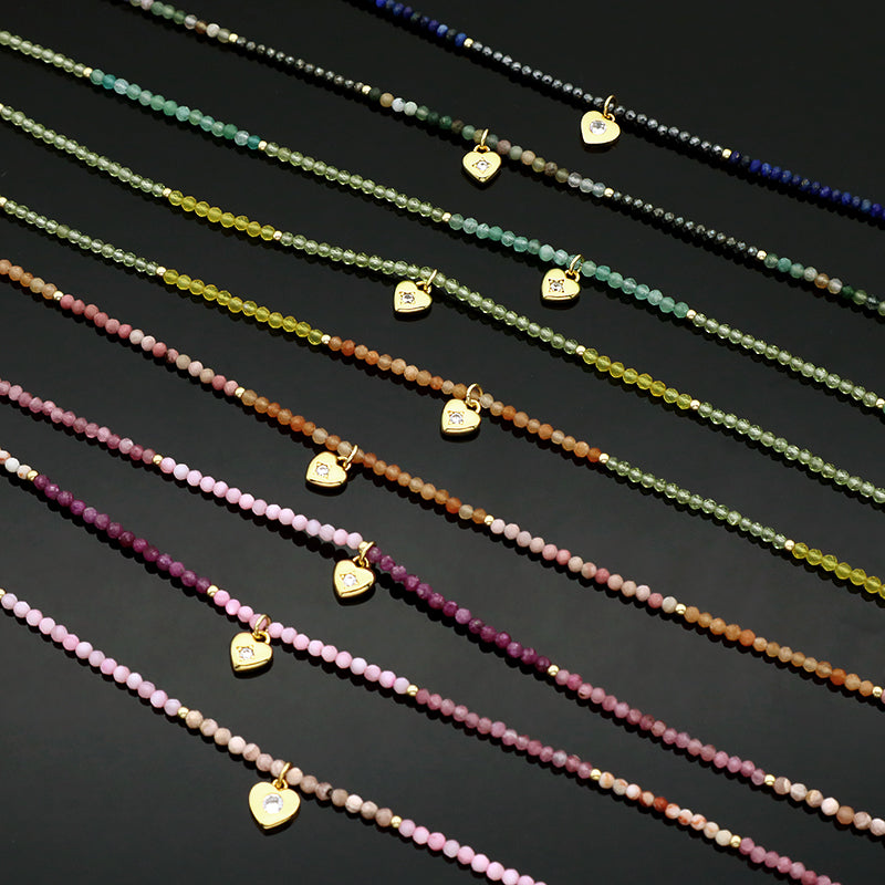 Handmade Custom CZ Brass Heart Pendant Natural Stone Beads Jewelry Necklace