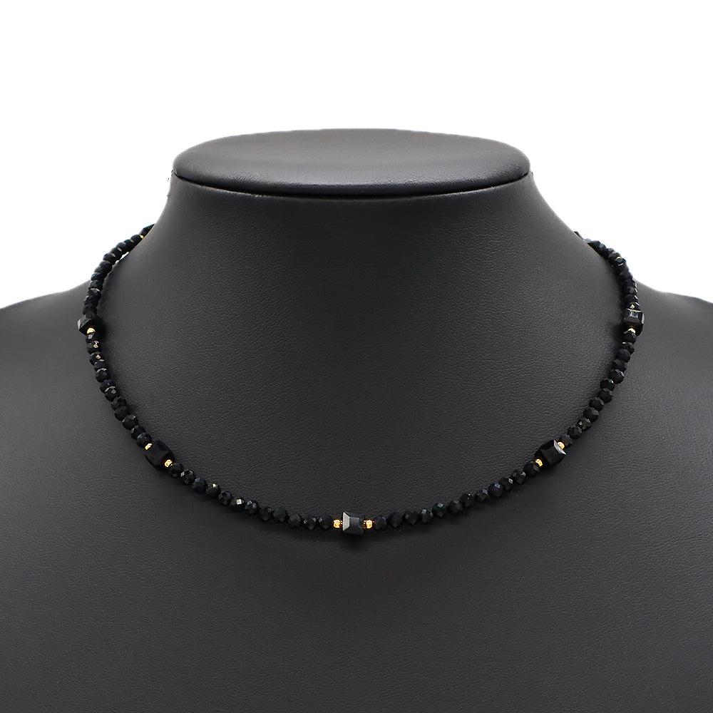 Custom Natural Stone Black Agate Beads Double Layer Brass Beads Handmade Necklace
