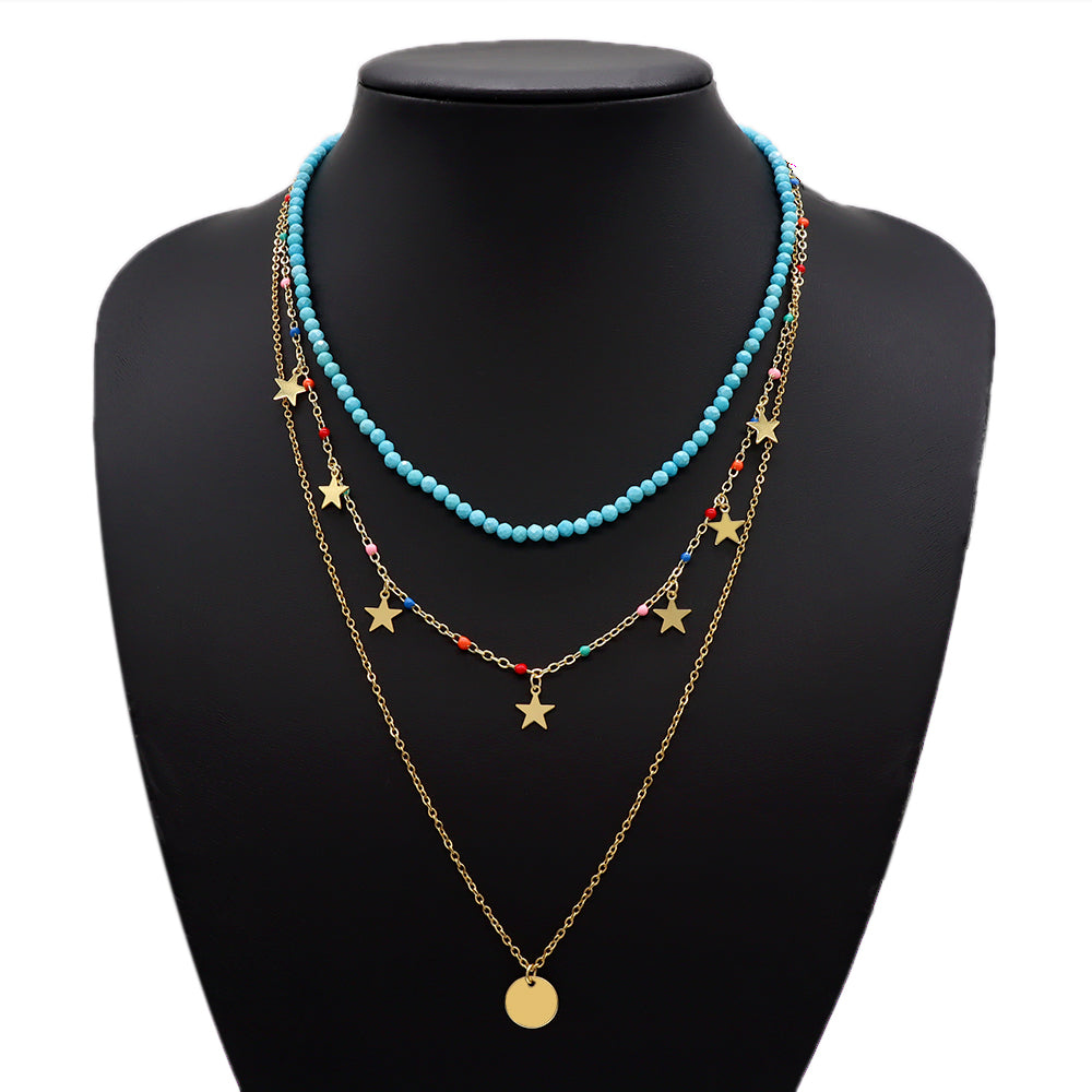 Handmade Custom Natural Stone Enamel Three Layers Pendant Enamel Necklace