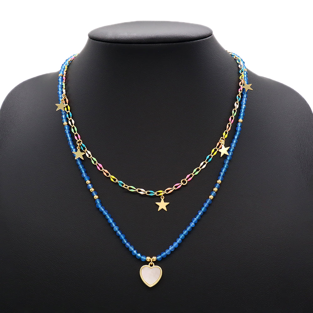 Handmade Custom Natural Stone Double Layer Enamel Pendant With Charm Necklace