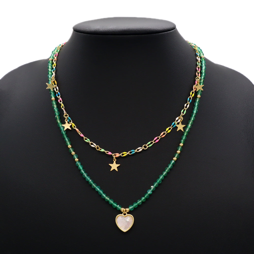 Handmade Custom Natural Stone Double Layer Enamel Pendant With Charm Necklace