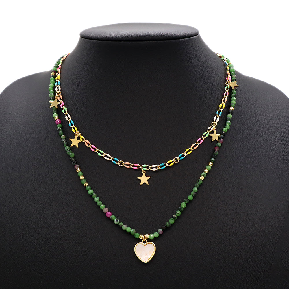 Handmade Custom Natural Stone Double Layer Enamel Pendant With Charm Necklace