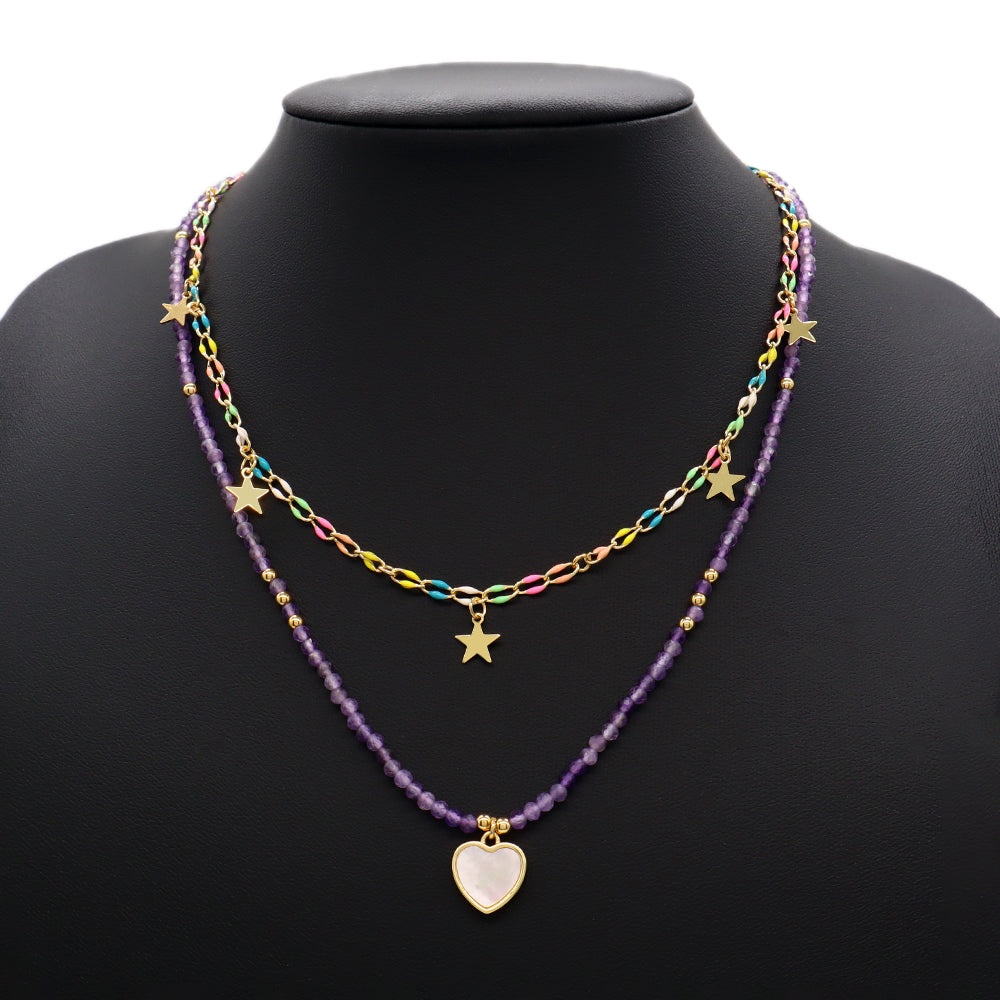 Handmade Custom Natural Stone Double Layer Enamel Pendant With Charm Necklace