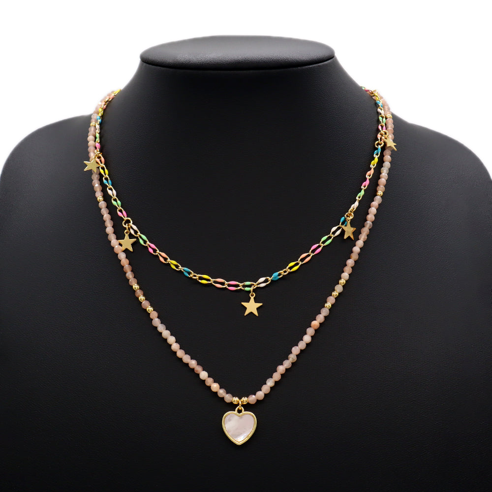 Handmade Custom Natural Stone Double Layer Enamel Pendant With Charm Necklace