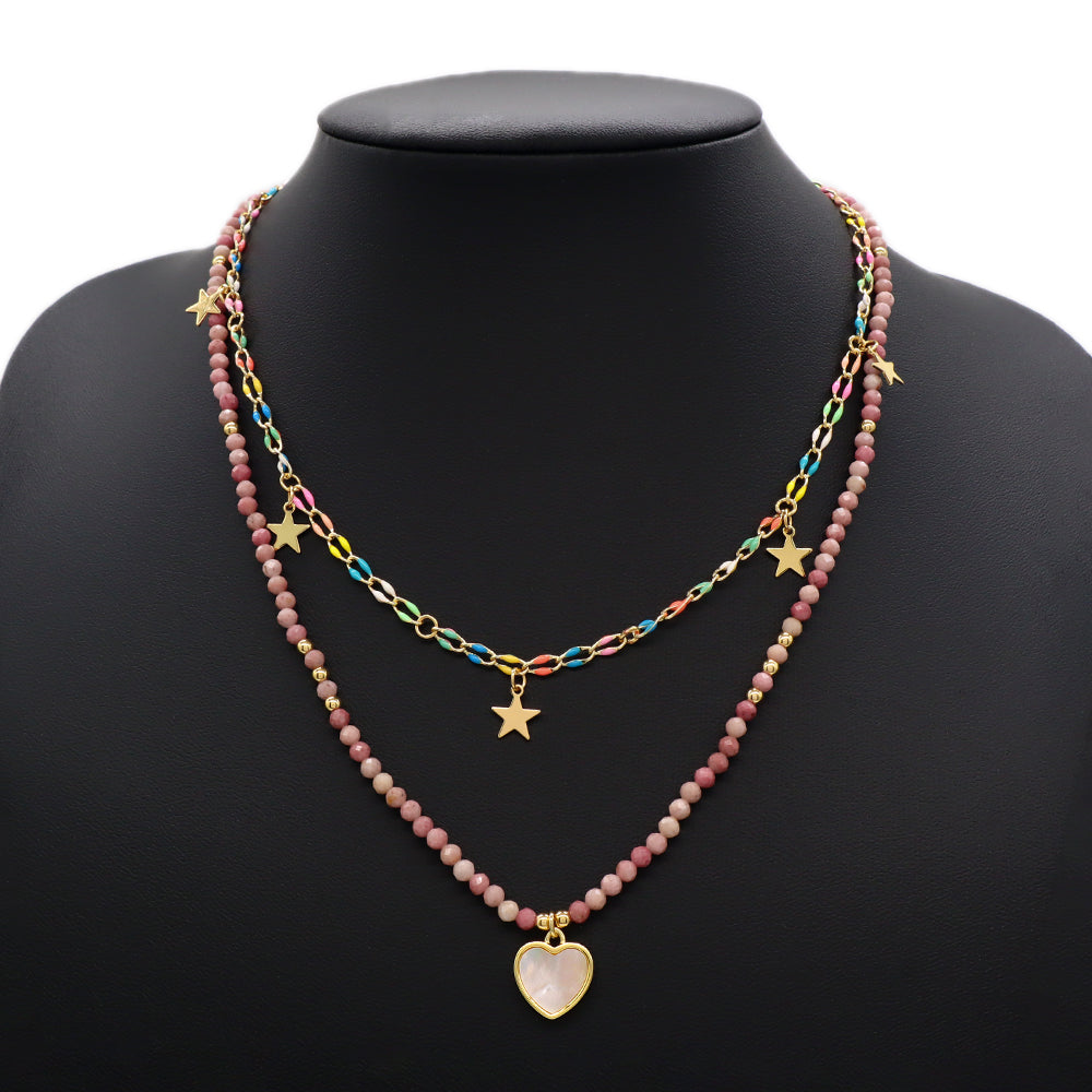 Handmade Custom Natural Stone Double Layer Enamel Pendant With Charm Necklace