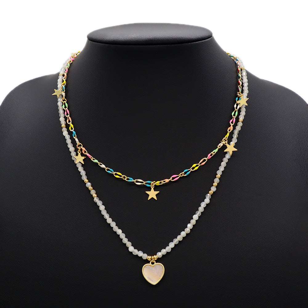 Handmade Custom Natural Stone Double Layer Enamel Pendant With Charm Necklace