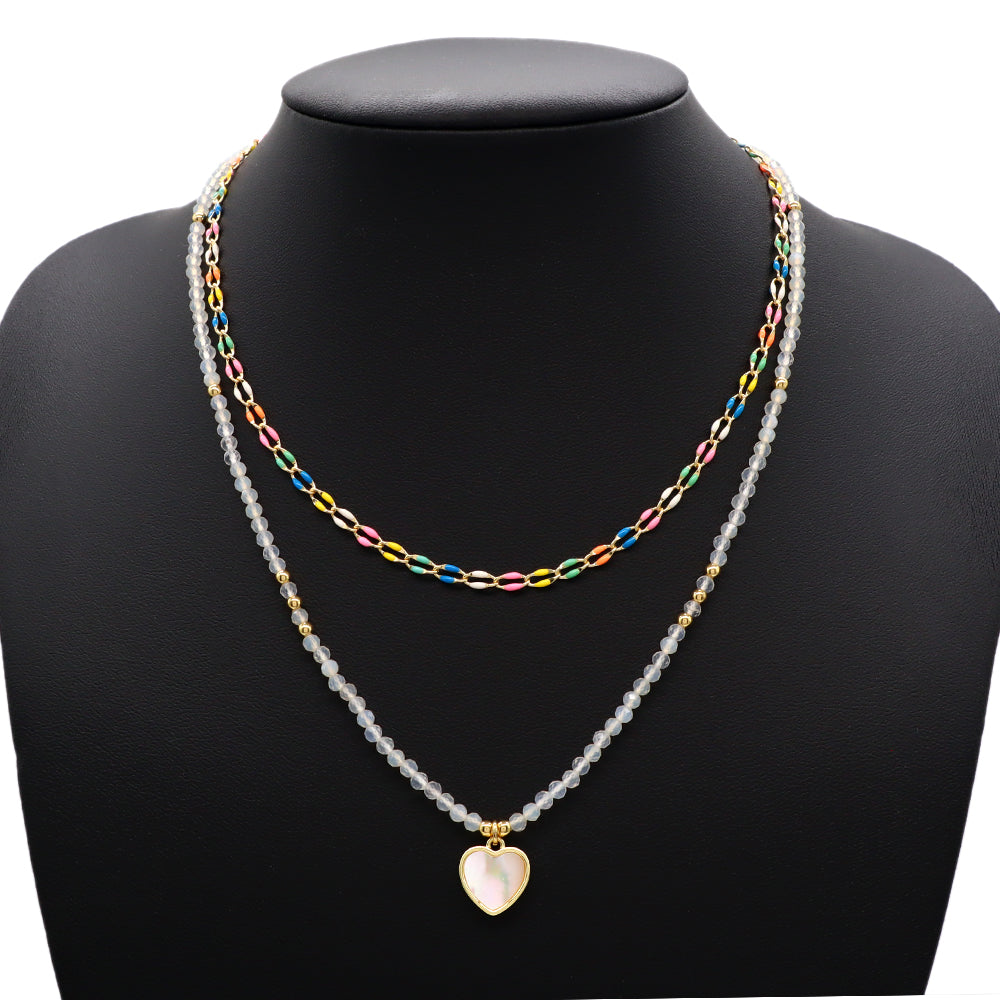 Handmade Custom Natural Stone Enamel Double Layer Shell Pendant Necklace