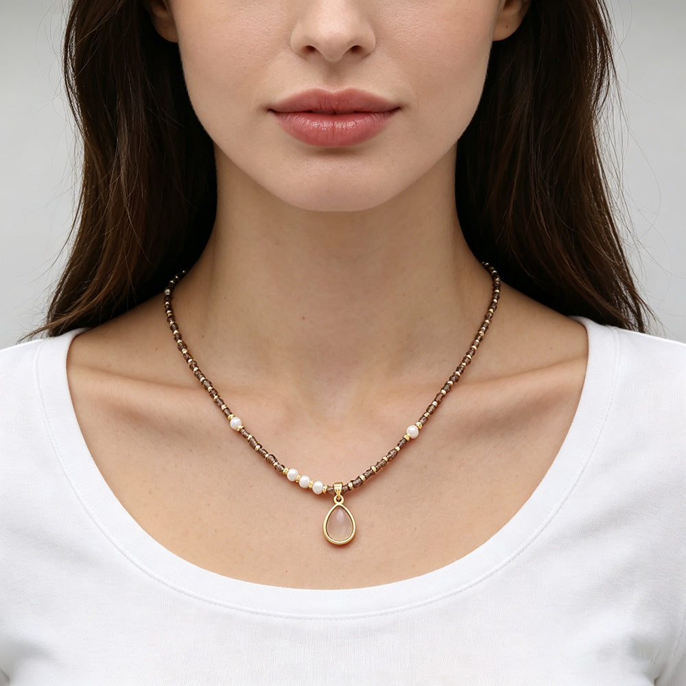 Handmade Customizable Natural Stone Beads Necklace With Shell Fresh Water Pearl Pendant