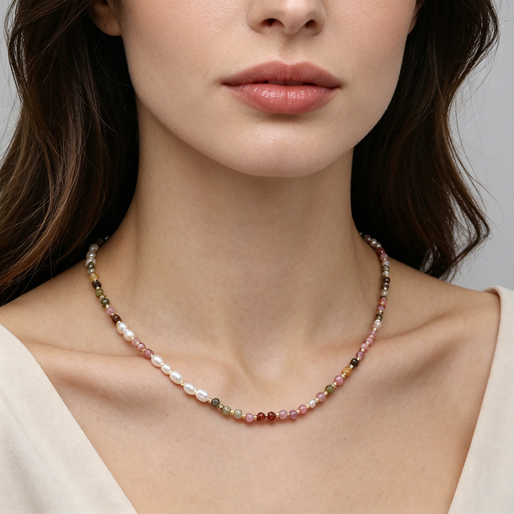 Handmade Customizable Natural Stone Beads Necklace With Fresh Water Pearl