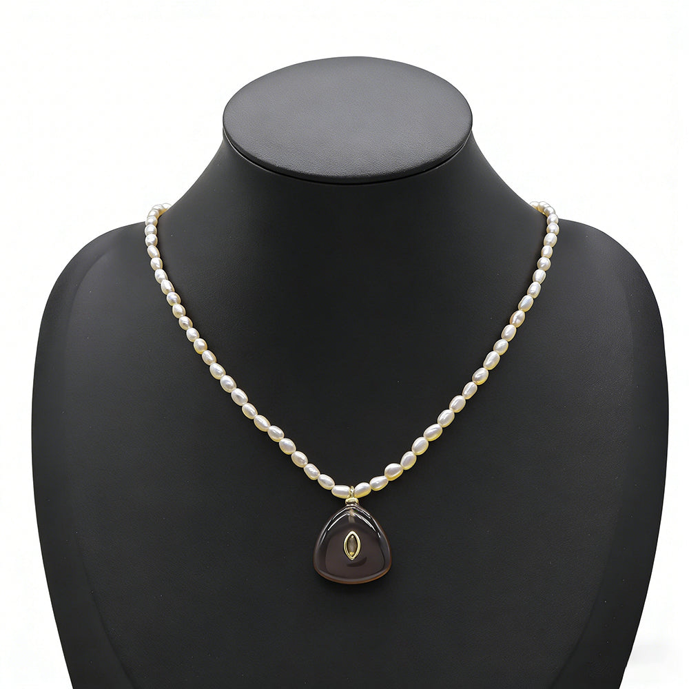 Handmade Customizable Fresh Water Pearl Necklace With Natural Stone Pendant