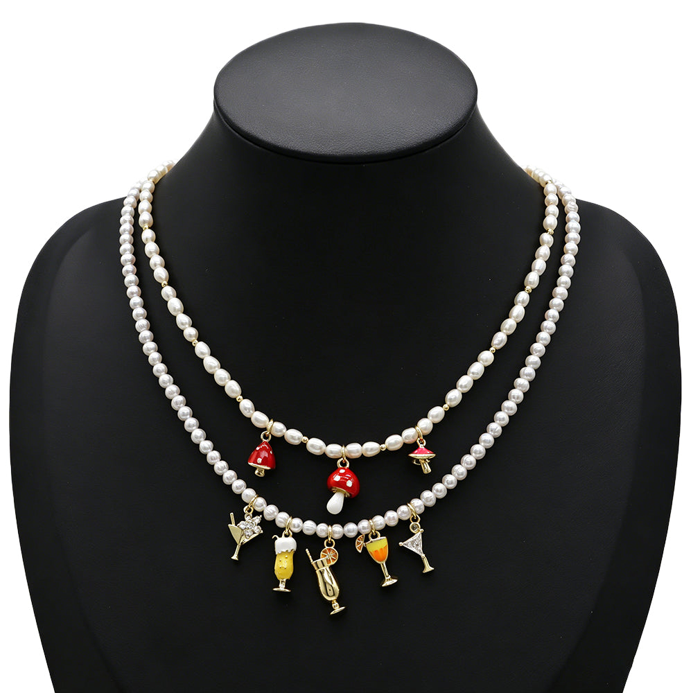 Handmade Enamel Mushroom Pendant Fresh Water Pearl Necklace