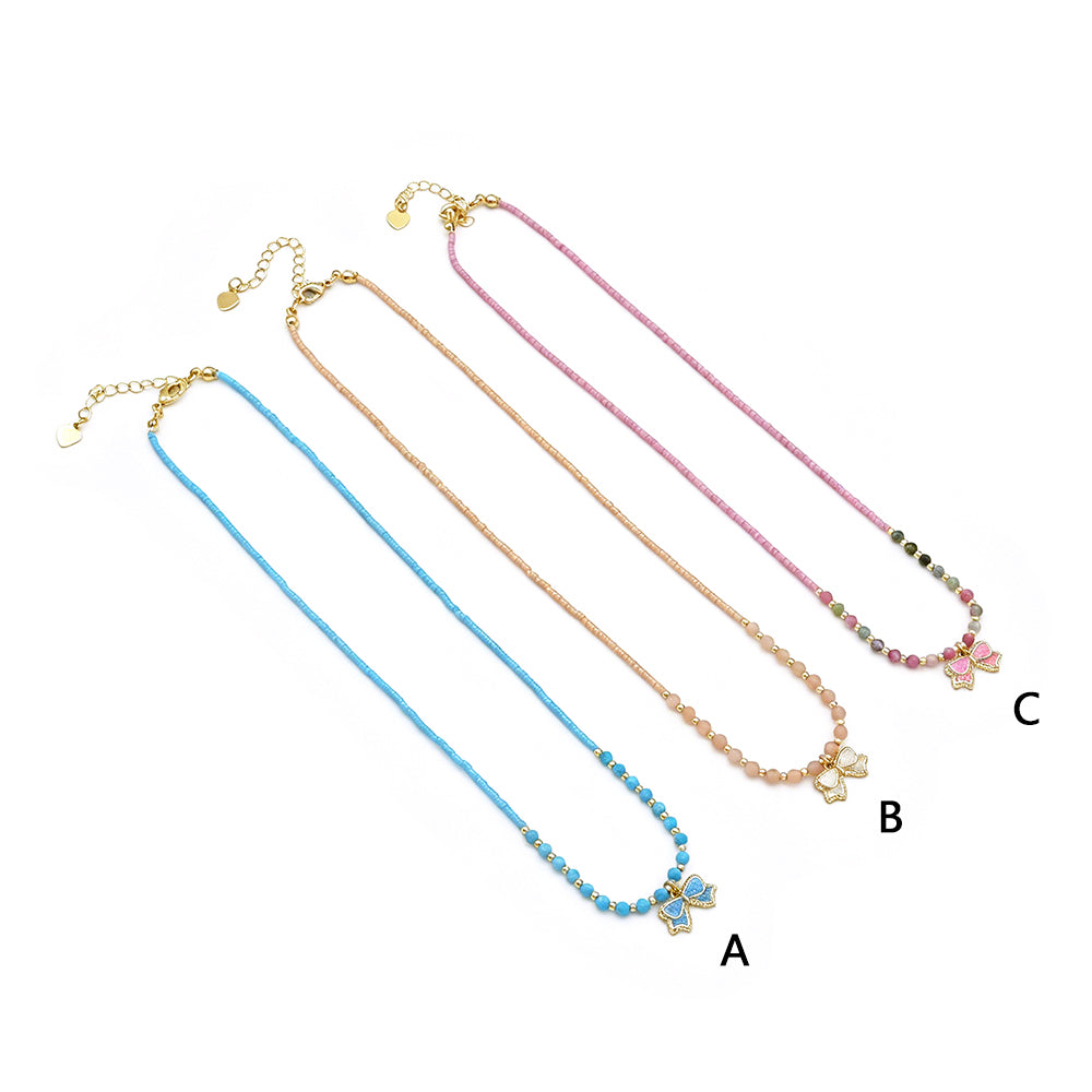 Handmade Summer Color Scheme Bow Pendant Miyuki Beads Natural Turquoise Tourmaline Beads Necklace