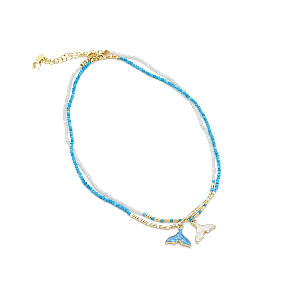 Handmade Natural Blue Turquoise Blue Moonstone Beads Whale Tail Pendant Necklace