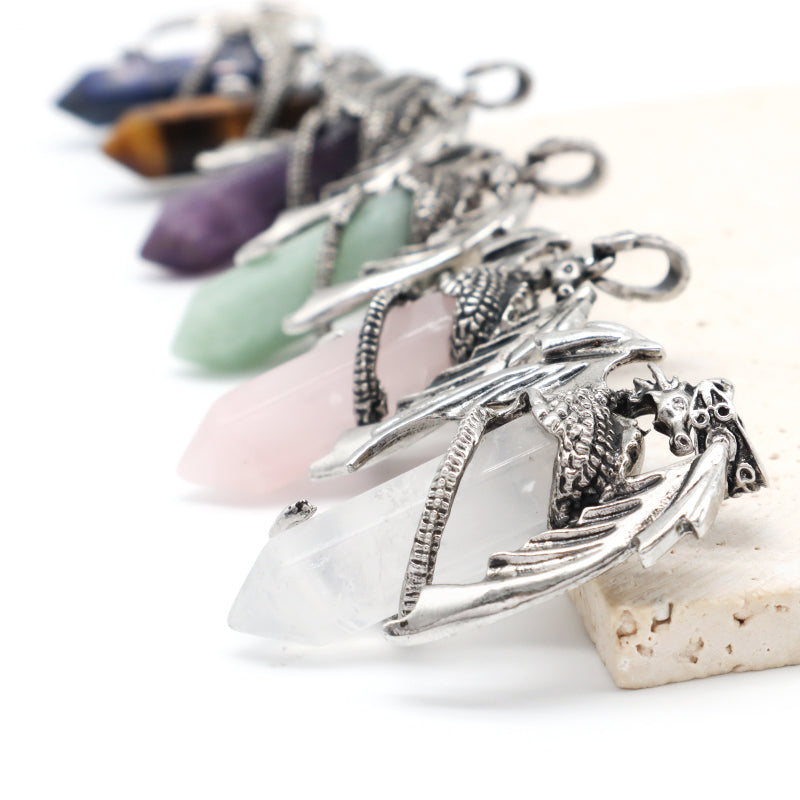Wholesale Custom Natural Crystal Healing Energy Stone Dragon Charm Jewelry Hexagonal Natural Stone Dragon Pendant For Men Women