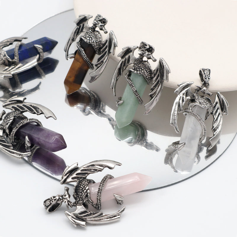 Wholesale Custom Natural Crystal Healing Energy Stone Dragon Charm Jewelry Hexagonal Natural Stone Dragon Pendant For Men Women
