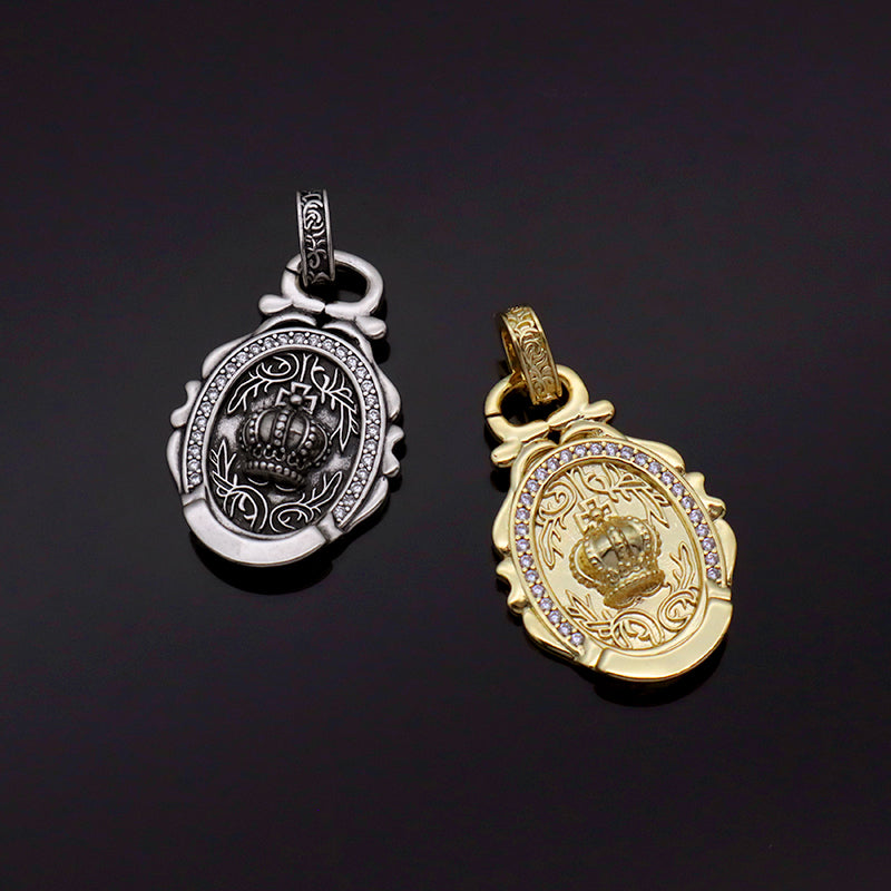 DIY New Design Manufacture Custom Factory Wholesale Women Men Round Charm Jewelry Gold Plated Vintage Crown Pendant For Necklace