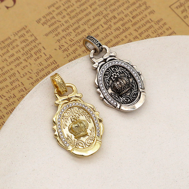 DIY New Design Manufacture Custom Factory Wholesale Women Men Round Charm Jewelry Gold Plated Vintage Crown Pendant For Necklace