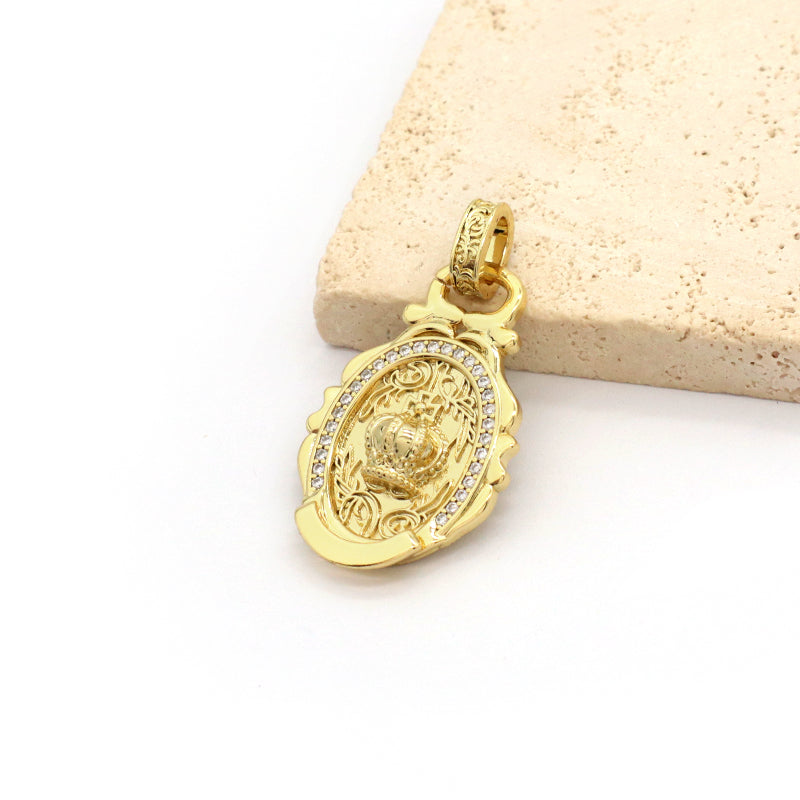 DIY New Design Manufacture Custom Factory Wholesale Women Men Round Charm Jewelry Gold Plated Vintage Crown Pendant For Necklace