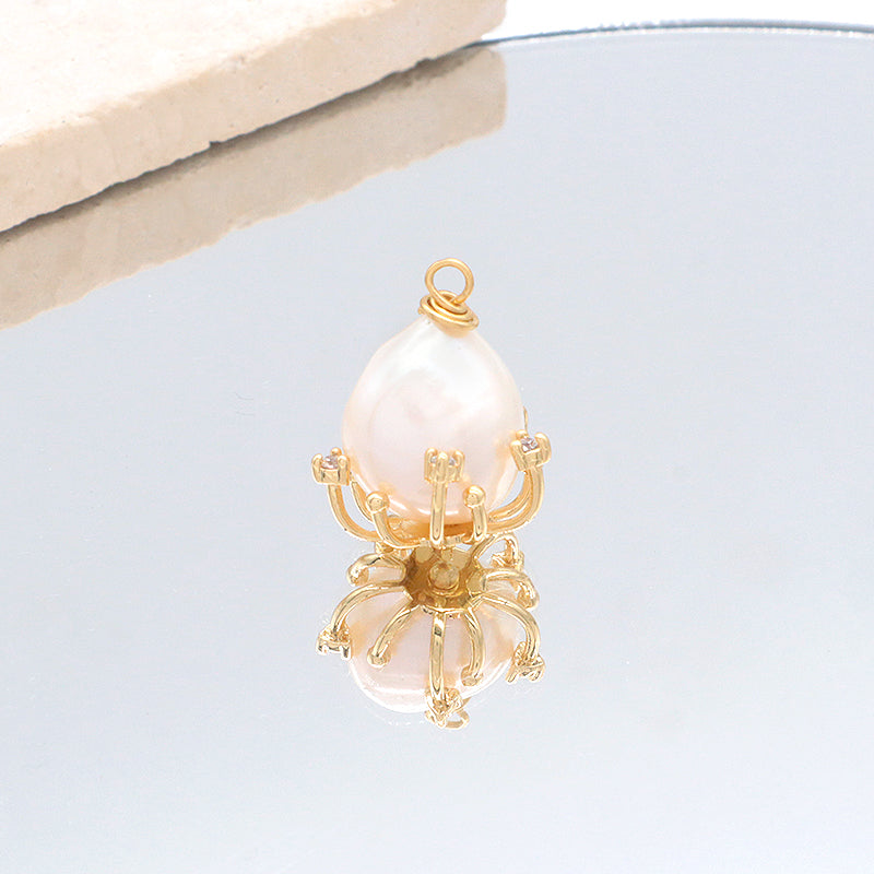 Wholesale DIY Manufacture China Factory Custom Pearl Necklace Pendant Charm CZ Gold Plated Round Fresh Water Pearl Pendant