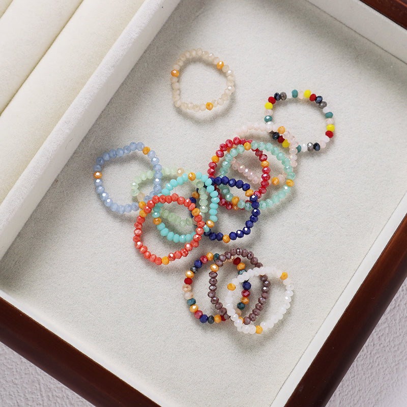 Various Color Wholesale Custom OEM Fashion Manufacture Factory Jewelry 3mm Handmade Stretch Glass Cyrstal Beaded Ring For Women