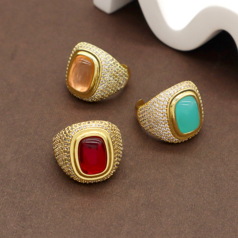Wholesale Factory Custom Adjustable Opening Finger Ring Gift Jewelry Gold Plated Red Pink Blue Glass Crystal Ring For Women