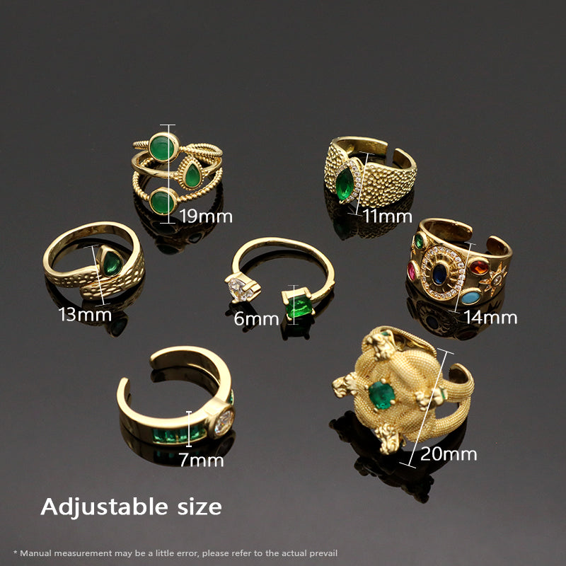 Manufacture Wholesale Factory Custom Adjustable Opening Finger Ring Gift Jewelry Gold Plated Green Glass Crystal Ring For Women