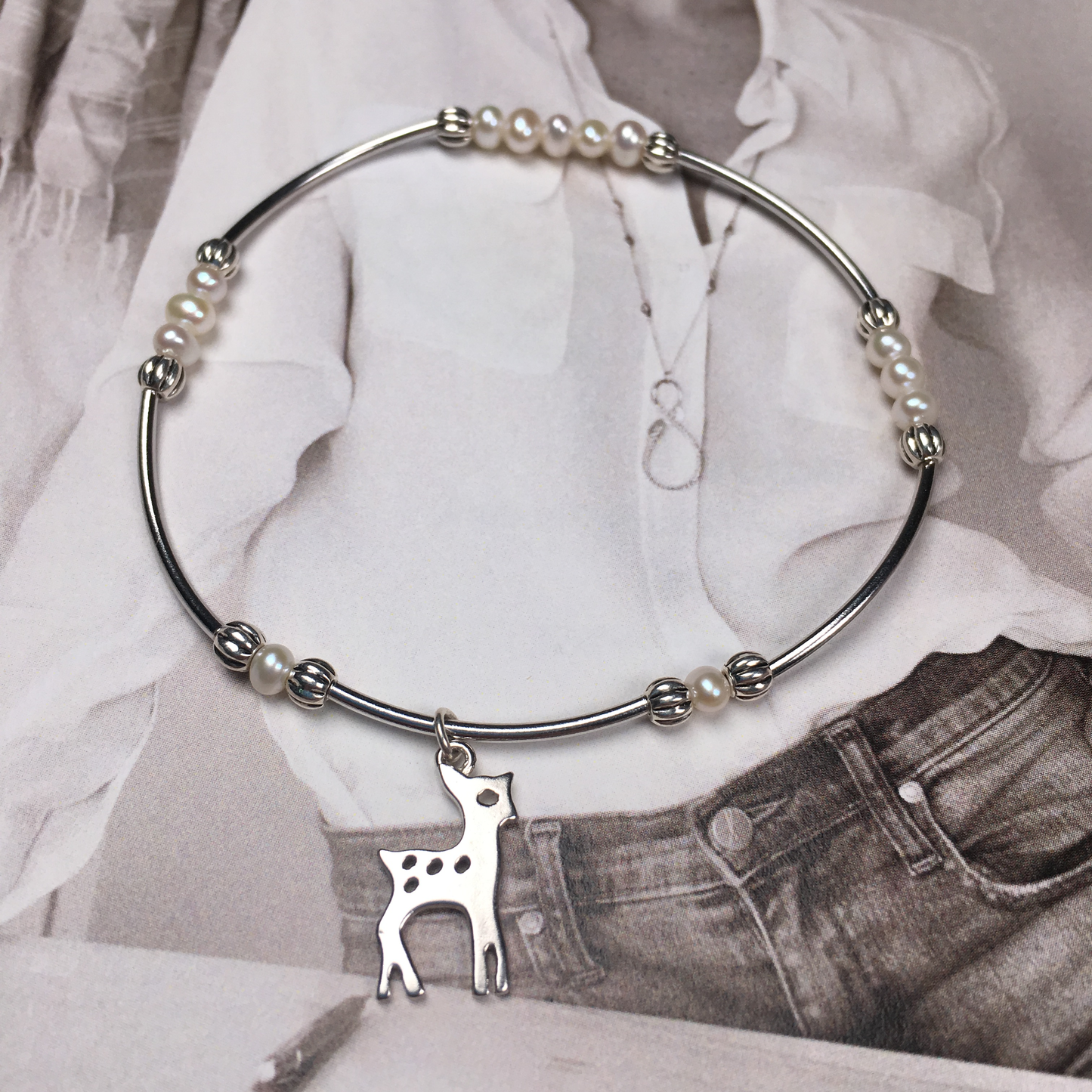 Women Fresh Water Natural Pearl 925 Silver Charms Elastic Beads Bracelet