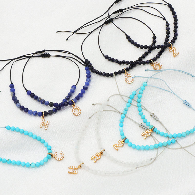 Custom Women String Bracelet 925 sterling silver letter charms Handmade Braided Rope Adjustable natural stone beads bracelet