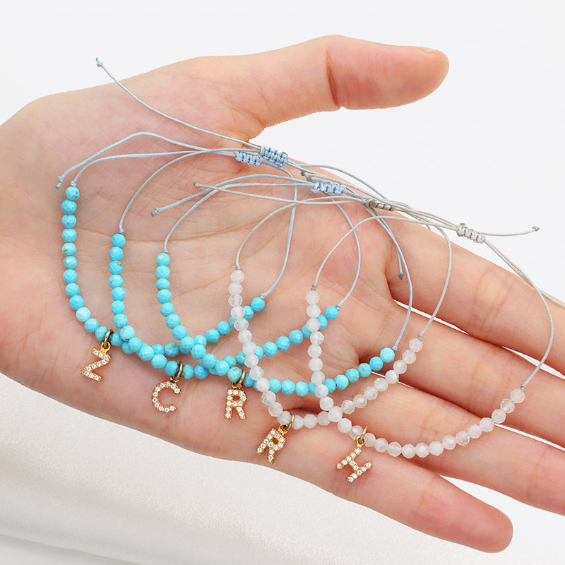 Custom Women String Bracelet 925 sterling silver letter charms Handmade Braided Rope Adjustable natural stone beads bracelet
