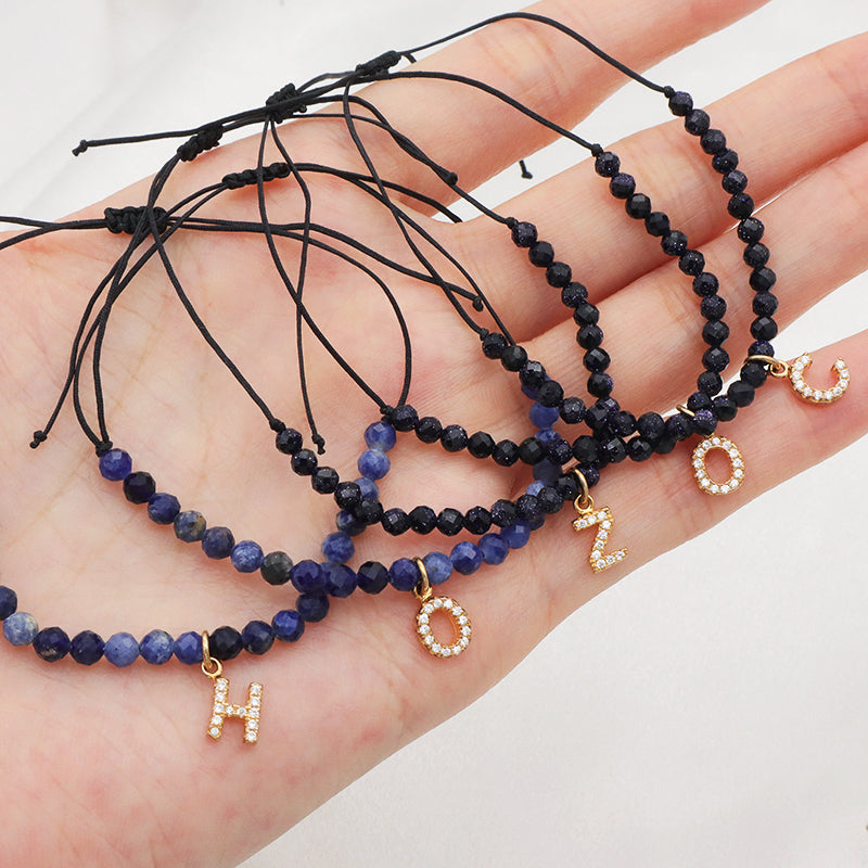 Custom Women String Bracelet 925 sterling silver letter charms Handmade Braided Rope Adjustable natural stone beads bracelet