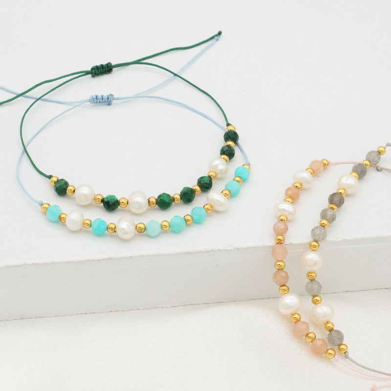 Fashion 925 Sterling Silver Beads Mix Natural Stone Fresh Water Pearl Bracelet Adjustable String Beads Bracelet