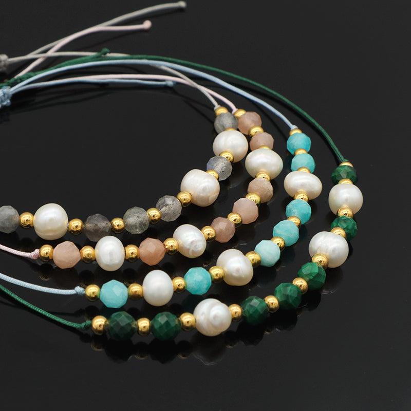 Fashion 925 Sterling Silver Beads Mix Natural Stone Fresh Water Pearl Bracelet Adjustable String Beads Bracelet