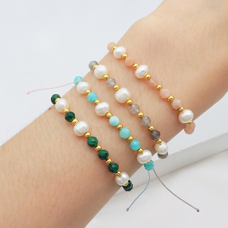 Fashion 925 Sterling Silver Beads Mix Natural Stone Fresh Water Pearl Bracelet Adjustable String Beads Bracelet