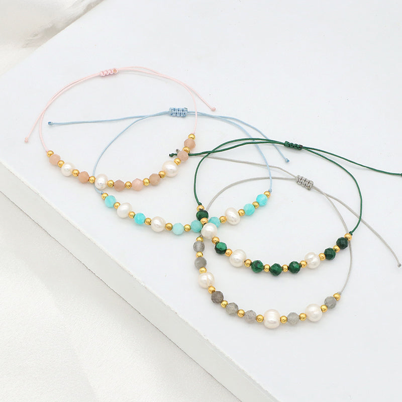 Fashion 925 Sterling Silver Beads Mix Natural Stone Fresh Water Pearl Bracelet Adjustable String Beads Bracelet