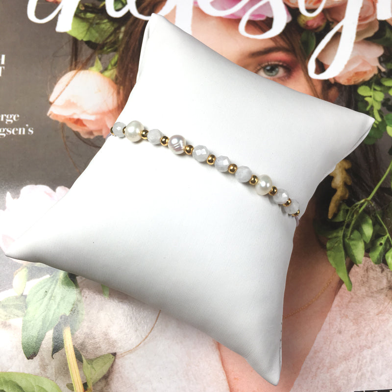 Fashion 925 Sterling Silver Beads Mix Natural Stone Fresh Water Pearl Bracelet Adjustable String Beads Bracelet