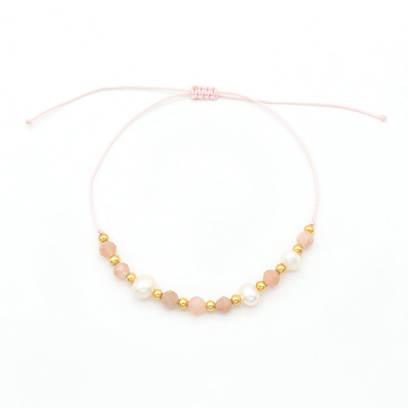Fashion 925 Sterling Silver Beads Mix Natural Stone Fresh Water Pearl Bracelet Adjustable String Beads Bracelet