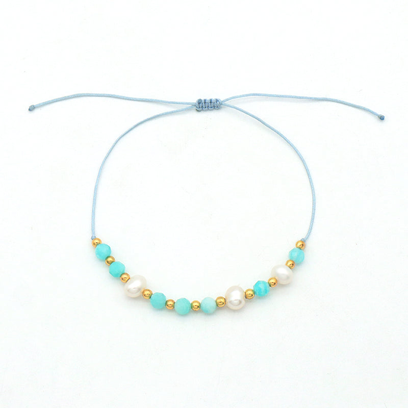 Fashion 925 Sterling Silver Beads Mix Natural Stone Fresh Water Pearl Bracelet Adjustable String Beads Bracelet