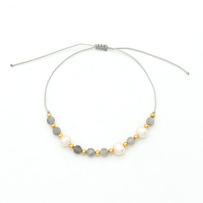 Fashion 925 Sterling Silver Beads Mix Natural Stone Fresh Water Pearl Bracelet Adjustable String Beads Bracelet