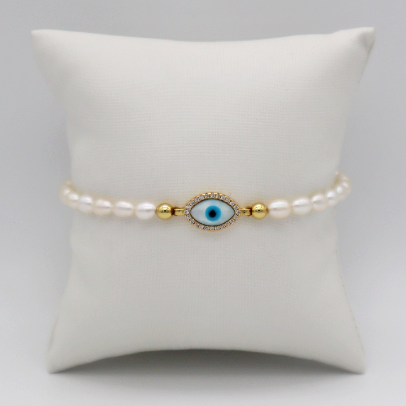 6mm fresh water pearl woman adjust gold plated cubic zirconia jewelry set glass rope evil eyes bracelet