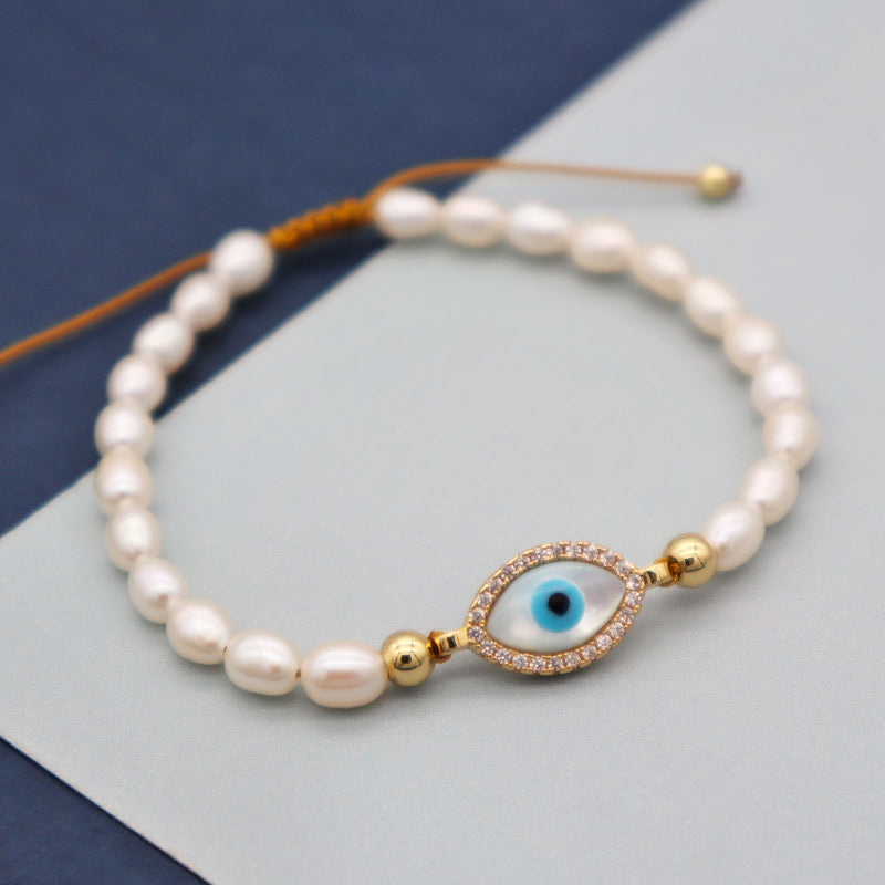 6mm fresh water pearl woman adjust gold plated cubic zirconia jewelry set glass rope evil eyes bracelet