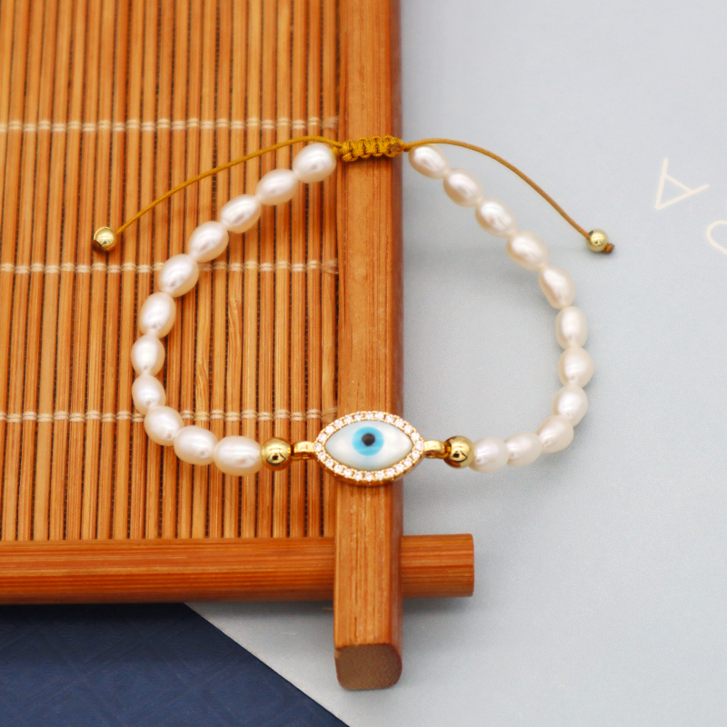 6mm fresh water pearl woman adjust gold plated cubic zirconia jewelry set glass rope evil eyes bracelet