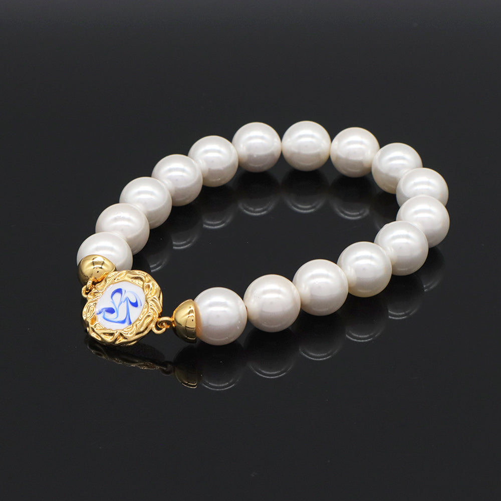 Factory Manufacture Customized Wholesale Women Jewelry OEM Gold Plated Enamel Charm elastic Handmade Pearl Beads bracelet