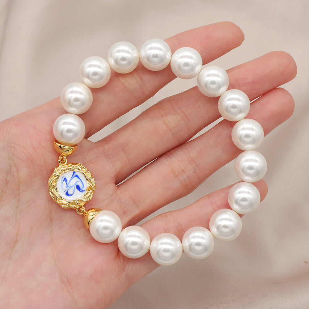 Factory Manufacture Customized Wholesale Women Jewelry OEM Gold Plated Enamel Charm elastic Handmade Pearl Beads bracelet