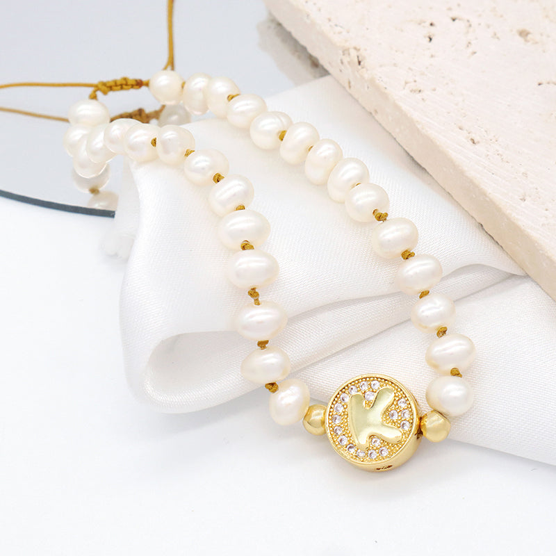 Fashionable Wholesale Custom Gold Plated Initial Charm Bracelet Jewelry Handmade Adjustable Fresh Water Pearl Bracelet For Women